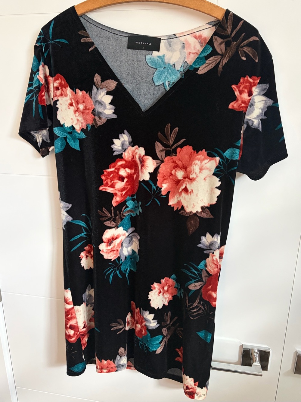 WORKHALL Black Floral V-Neck Midi Dress with Coral & Teal Blooms